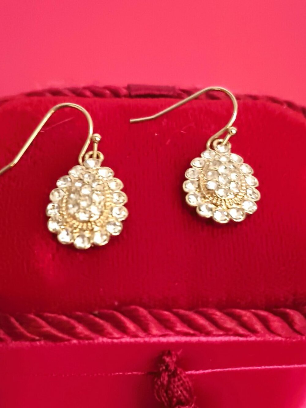 Avon Teardrop Pave Dangle Earrings 1" Gold Tone French Wire Drop Jewelry